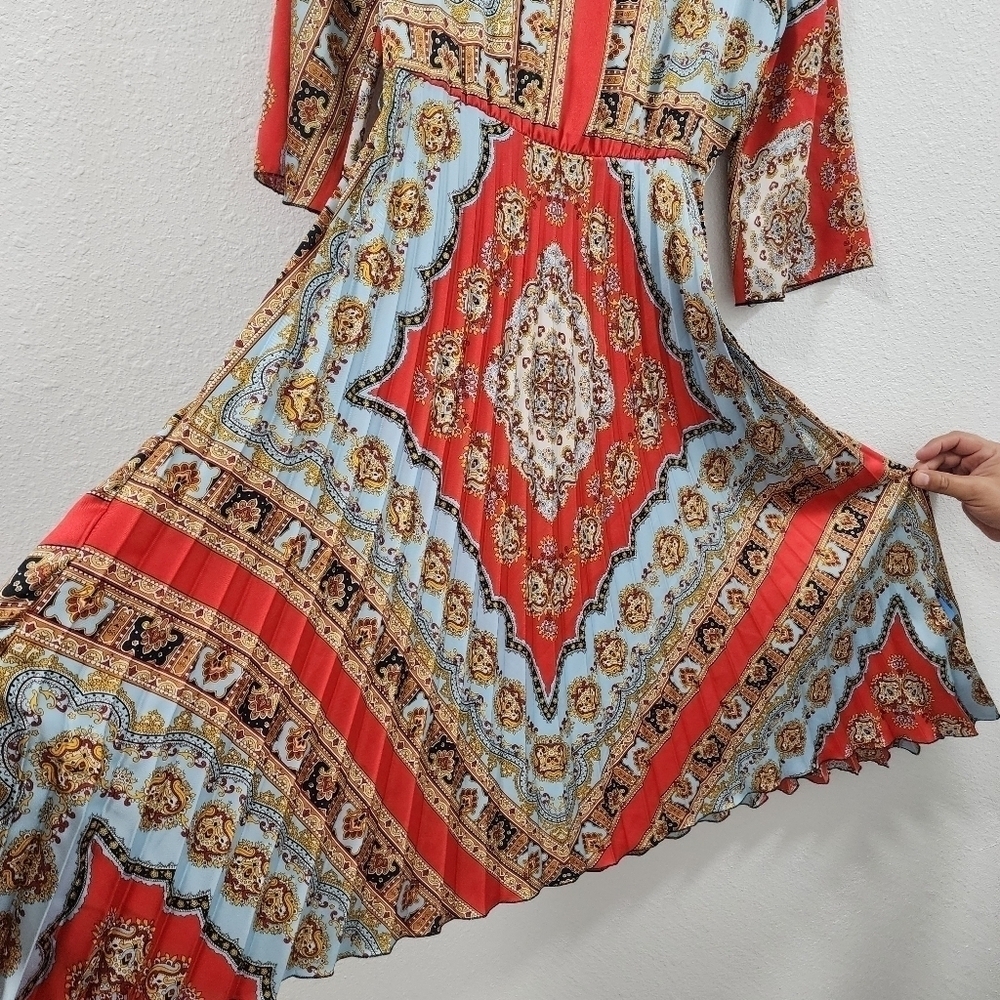 ZARA Boho Patchwork Wrap Midi Dress Red Blue Print Belted Pleated V-Neck - Picture 11 of 15